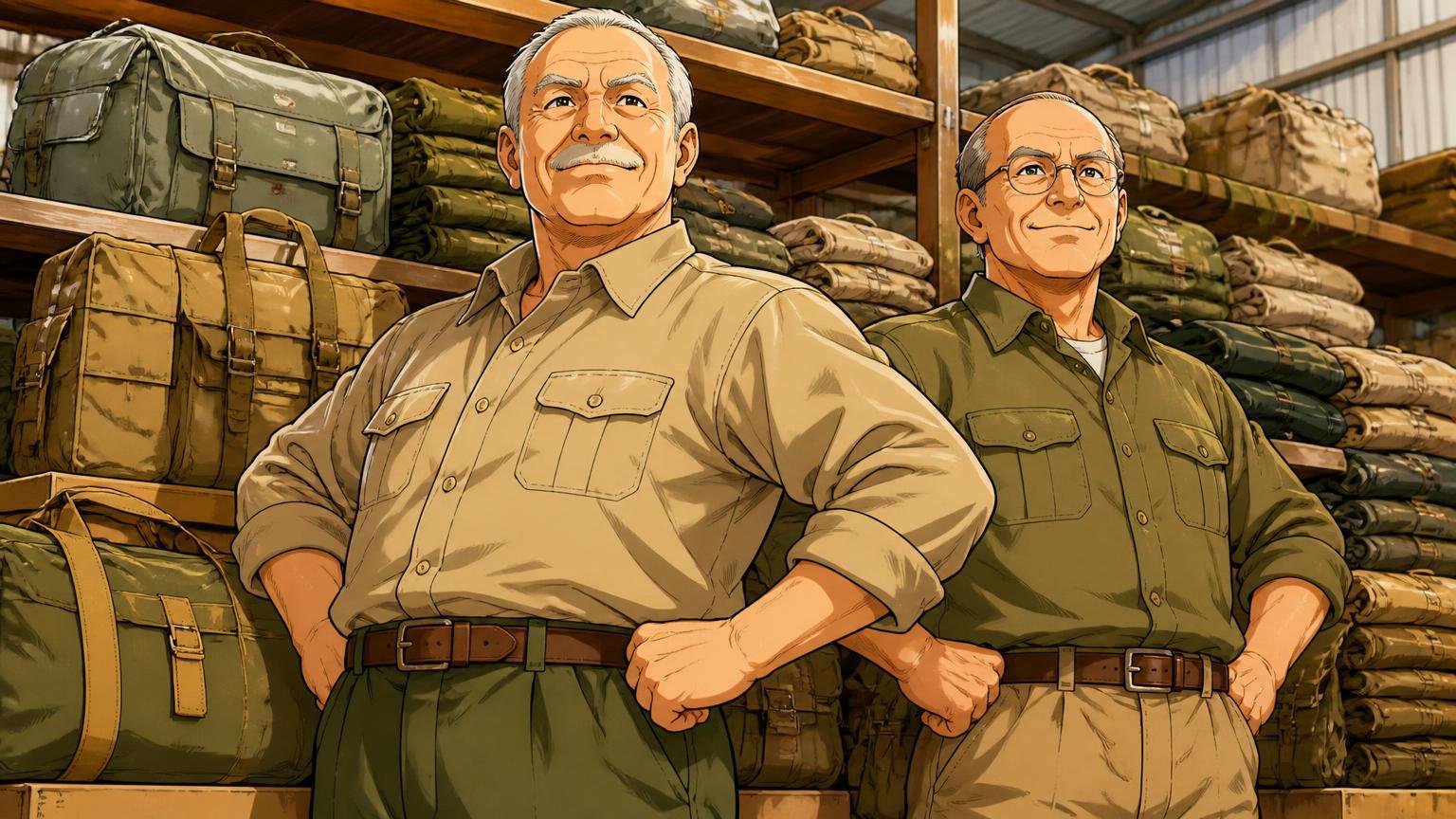 1953年創業、アメリカのミリタリー・アウトドアブランド。倉庫で軍用の帆布バッグや服の山を前に胸を張る年配の男性2人の場面