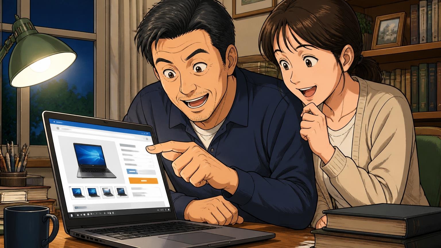 販売元はアイズサプライ、夜の書斎でノートPCの商品ページを指さし確認する40代男性と隣でのぞき込む妻