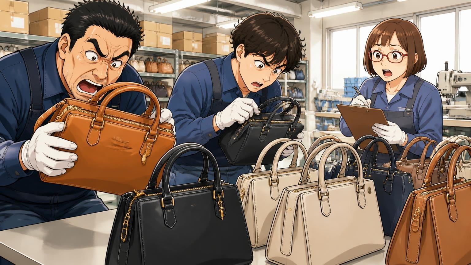 運営はハンドバッグの製造・販売を手がける株式会社リアライズバッグ工場の作業台で並んだバッグを点検するスタッフ3人の場面