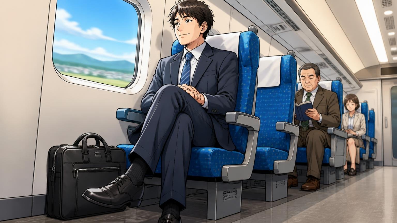 頑丈で長く使えるという声、新幹線の車内で丈夫なビジネスバッグを足元に置き安心した表情の男性1人