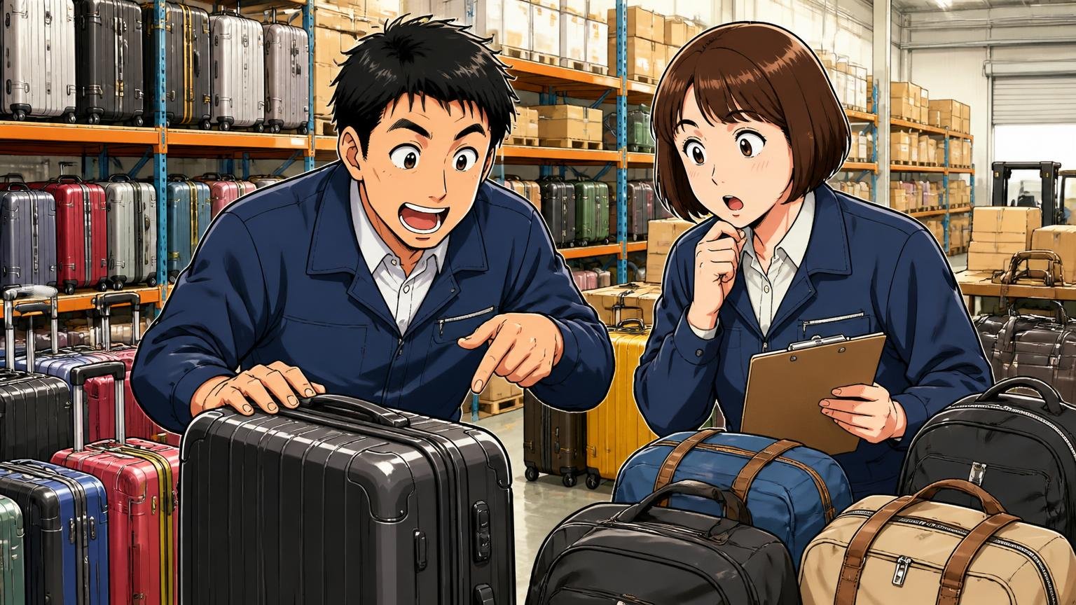 株式会社シフレは2001年創業、埼玉県越谷市の旅行かばんメーカー倉庫に並ぶスーツケースとバッグの前で社員2人が商品を確認する場面