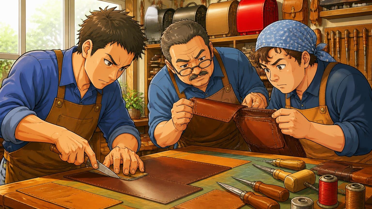 1965年にランドセル工房から始まった日本のブランド、明るい革工房で職人3人が革を裁断し縫い目を真剣に確かめる場面