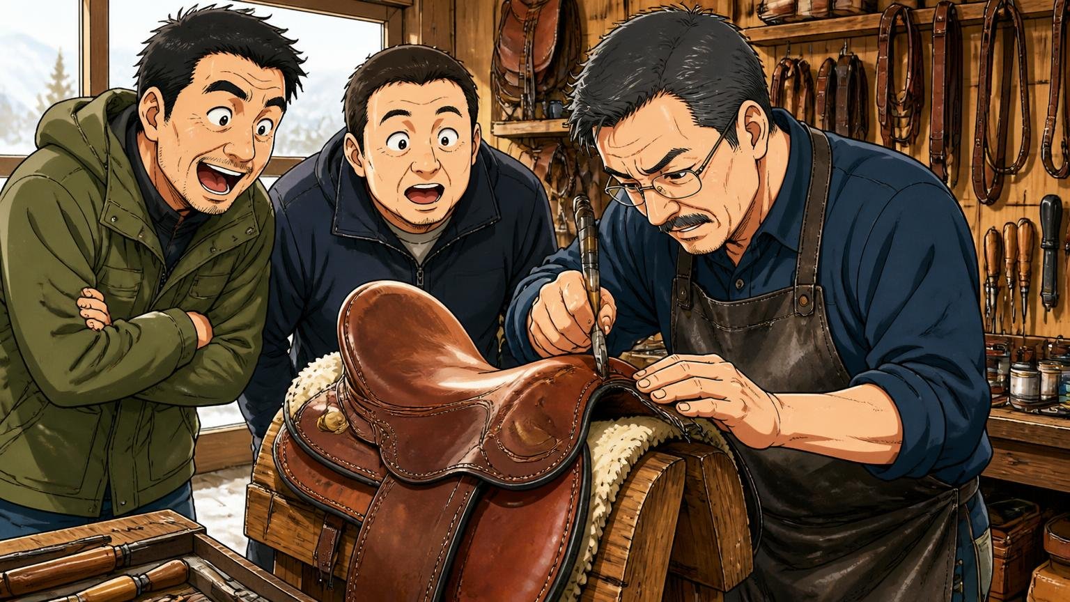 1964年創業の馬具メーカー 北海道の工房で職人が革の鞍を仕上げる様子を見学する40代男性2人