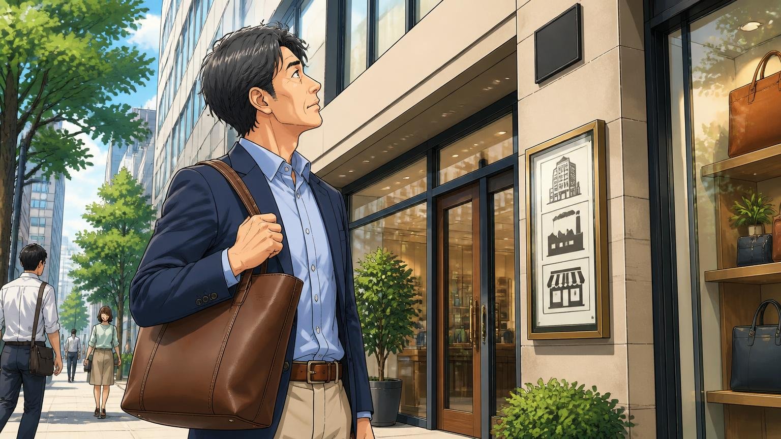 運営会社・生産国・直営店がはっきり公開されている 都会の路面店の前で革のトートバッグを持って店の看板を見上げる40代男性1人