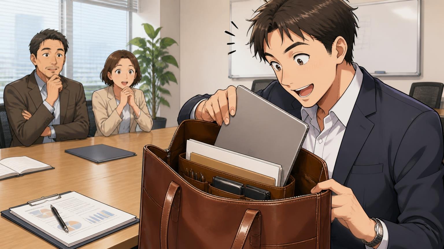 A4もPCも入りポケットで整理できる　会議室でノートPCと書類を革のトートに収める30代男性が感心する場面