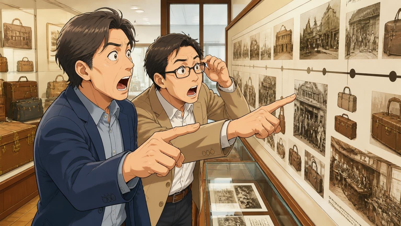 1941年創業のイケテイが手がけるブランド 老舗鞄メーカーの歴史資料が並ぶ展示室の場面 40代男性2人が年表を指さして驚く