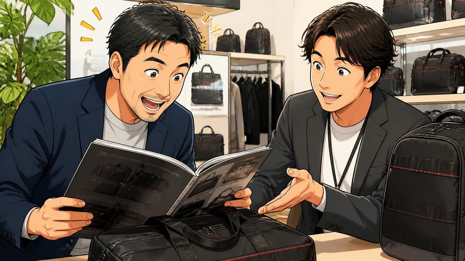 運営はBRIEFINGと同じ「ユニオンゲートグループ」/青山のショールームで会社案内とバッグを見比べる40代男性と販売員の2人