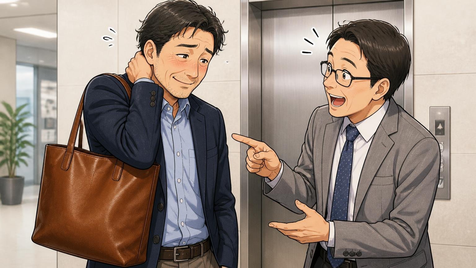 「ロゴがないのに"どこの？"と聞かれる」デザインの評判　オフィスのエレベーター前で同僚に革のトートを褒められ照れる40代男性と同僚の2人