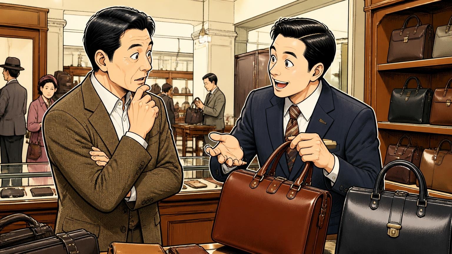 運営は1940年創業のエース株式会社百貨店の鞄売り場で店員から説明を聞く40代男性1人と販売員1人