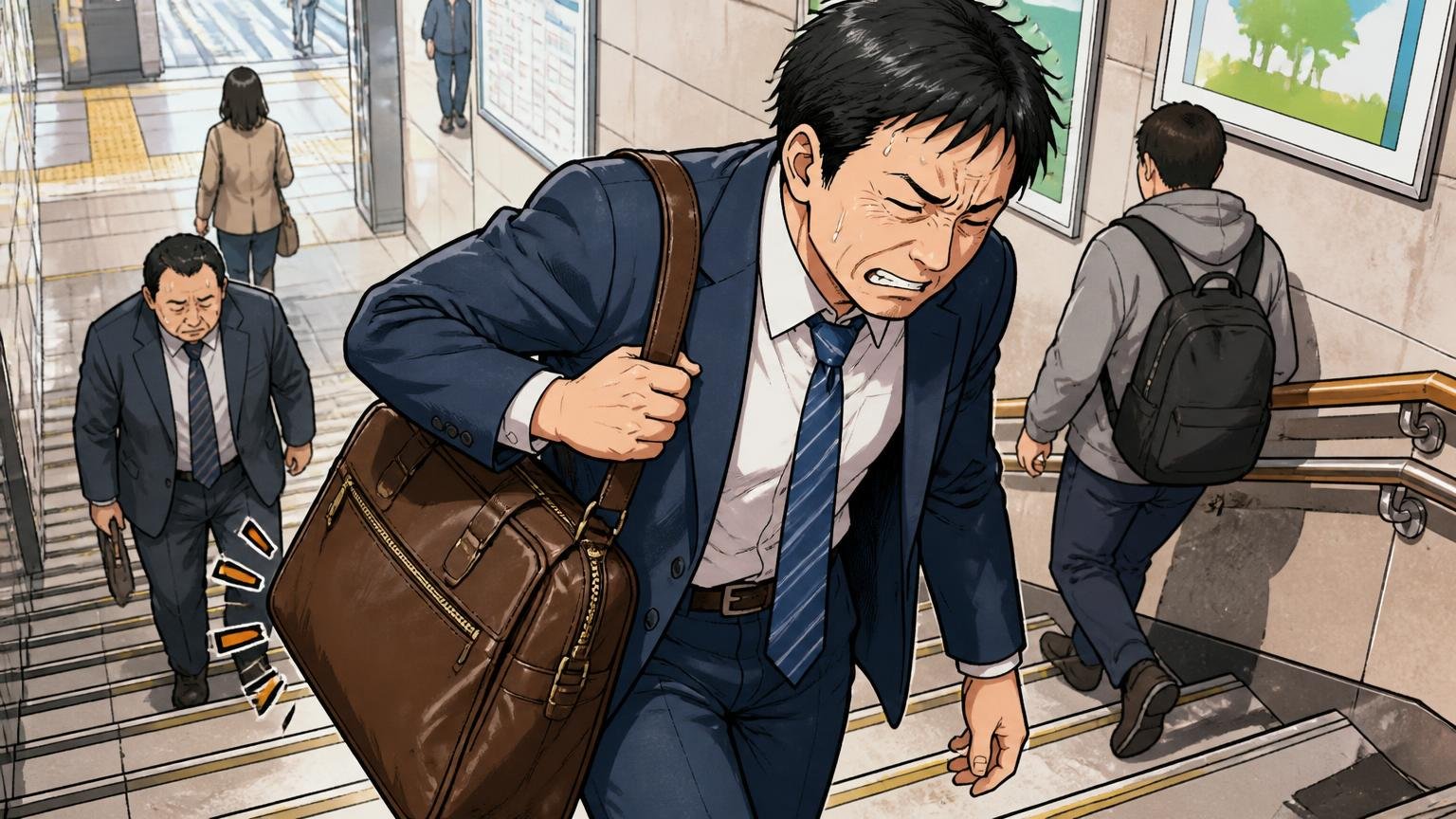 トラブル①重さ｜バッグ本体＋PC＋充電器で想像以上に重くなる 駅の階段でPC入りの革バッグを提げる場面、40代男性1人、重さに顔をしかめる