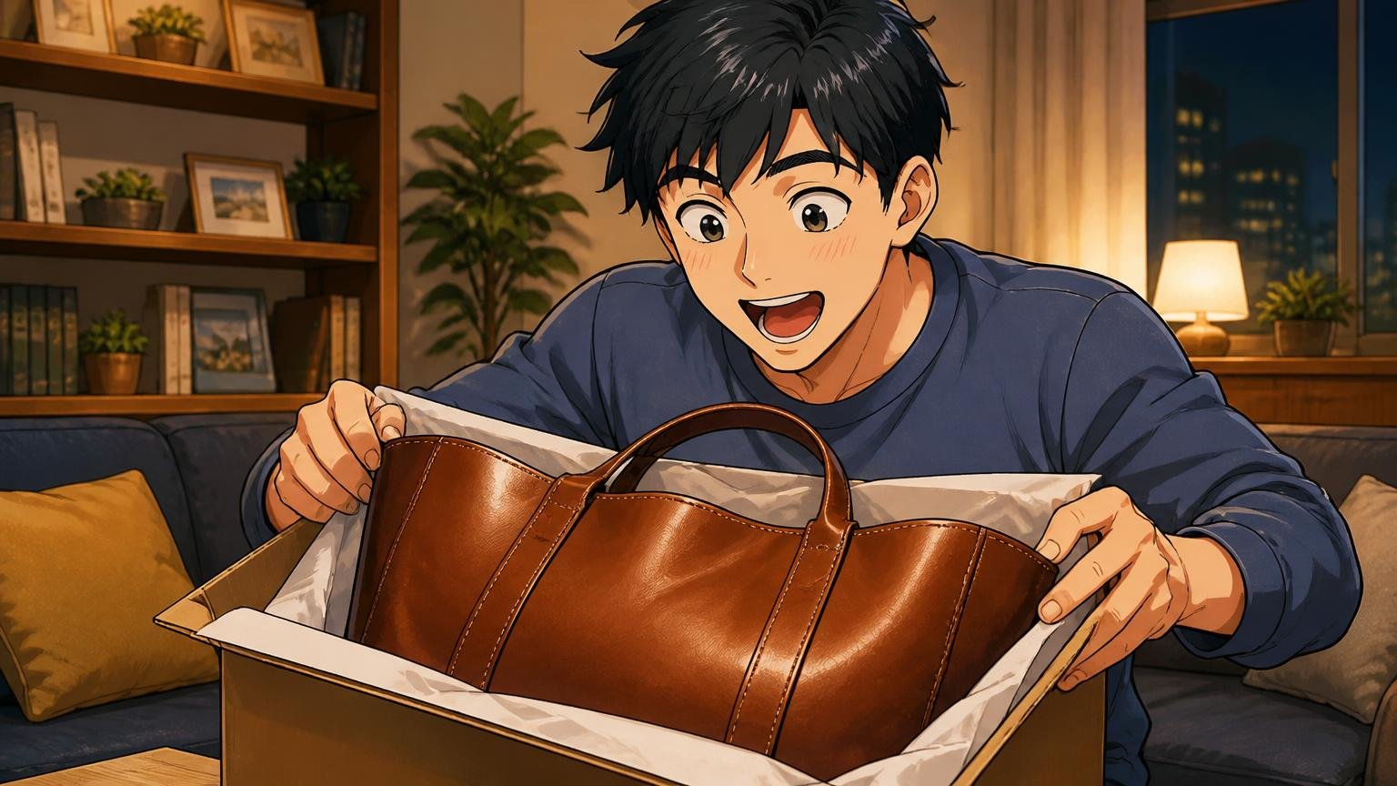 高評価の多くは「届いた直後」の感想である 夜のリビングで届いたばかりの革トートの箱を開けて目を輝かせる男性1人の場面