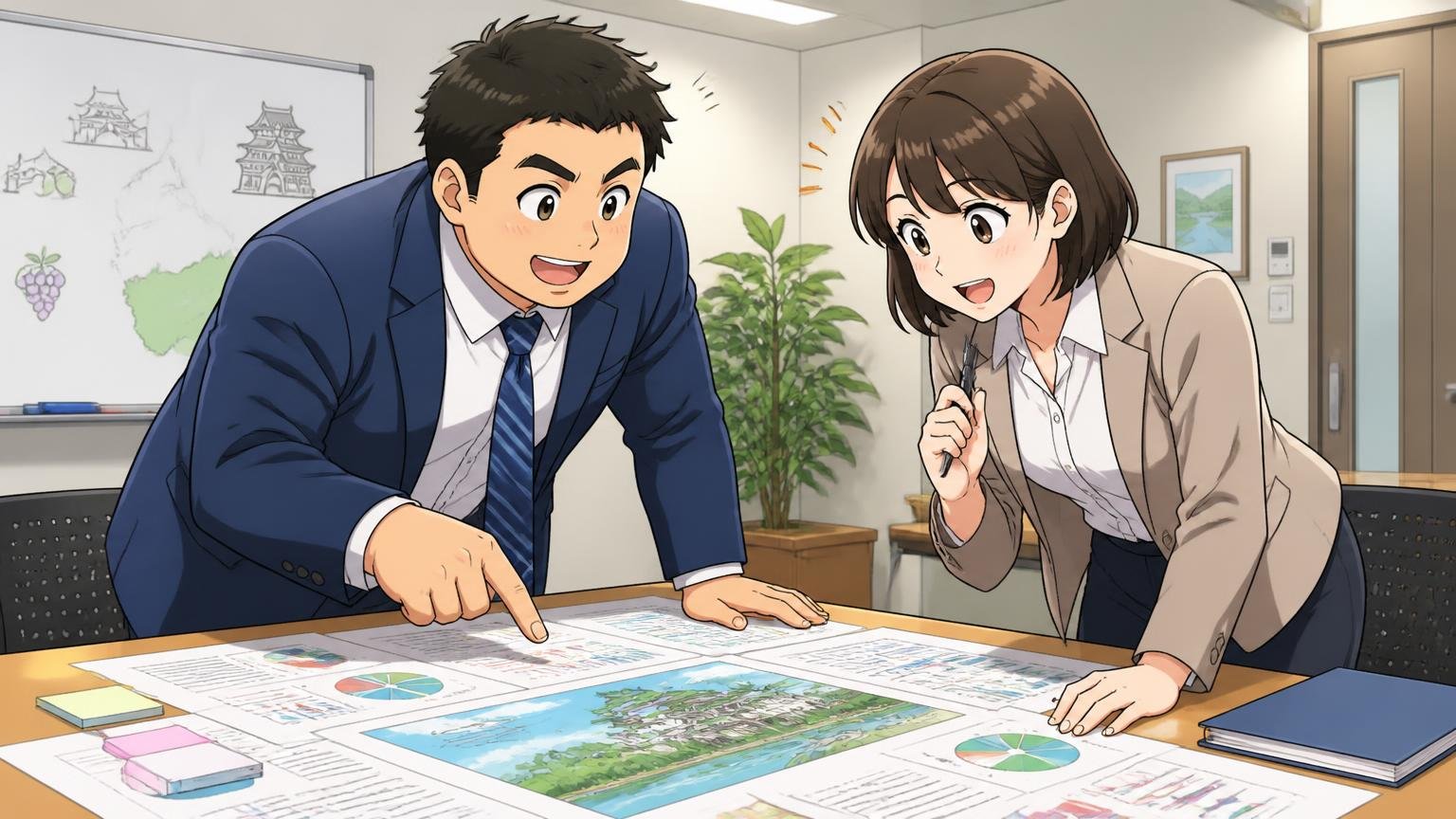 岡山生まれのブランドでジェイドグループの一員 オフィスの会議室で資料を広げる場面 男女2人が身を乗り出してうなずく
