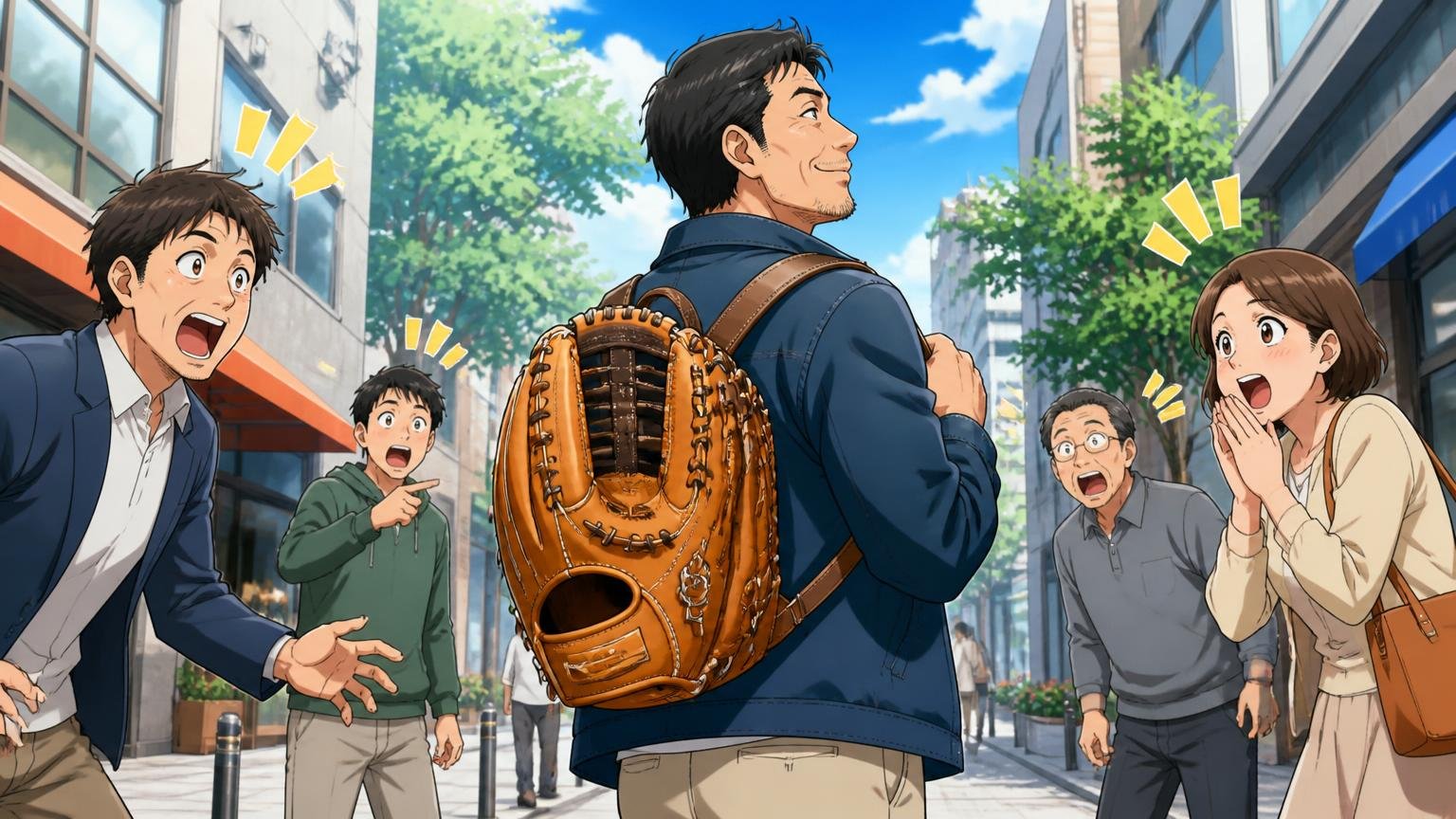 グローブ型の見た目と作り込みに「ひと目惚れ」する声、休日の街角でグローブ型リュックを背負う40代男性1人が胸を張って歩く場面