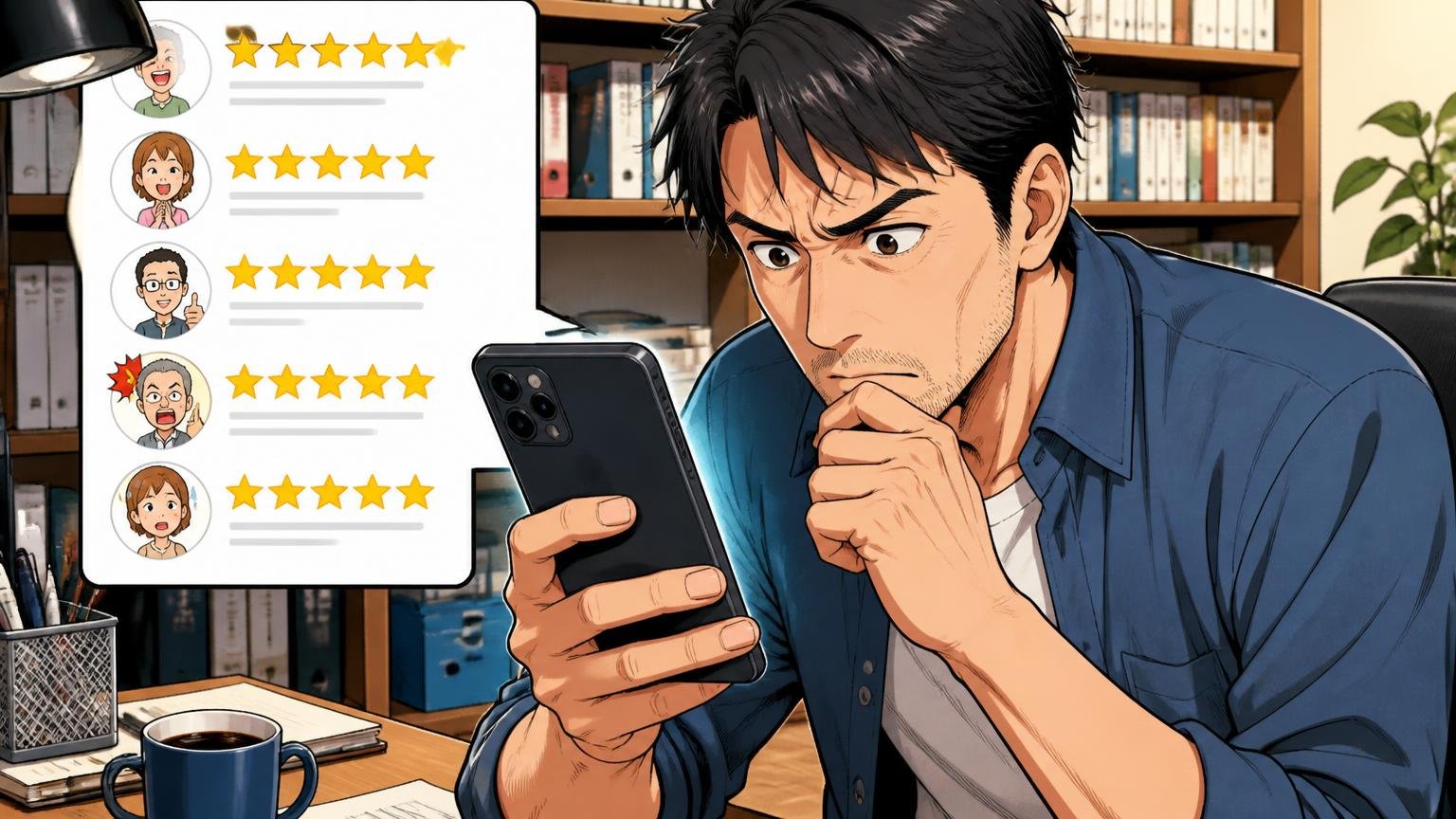 ★5レビューの中にも「ただし書き」が隠れている 自宅の書斎でスマホのレビュー画面を真剣に読み込む40代男性1人