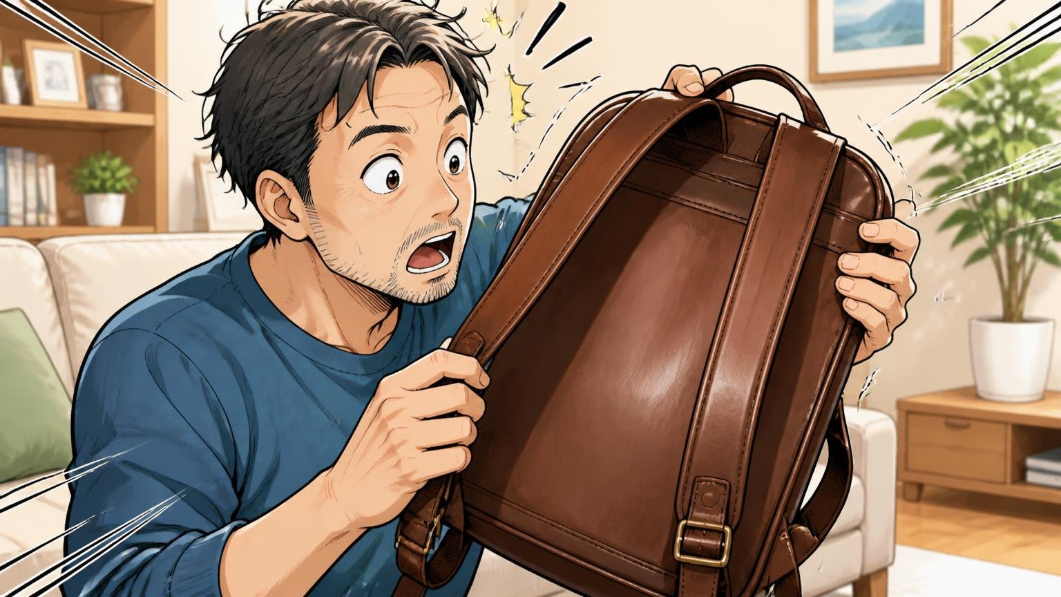「背中や肩紐の裏までしっかり革」細部まで手を抜かない作り 自宅のリビングで革リュックの裏側を見る40代男性1人が驚く場面