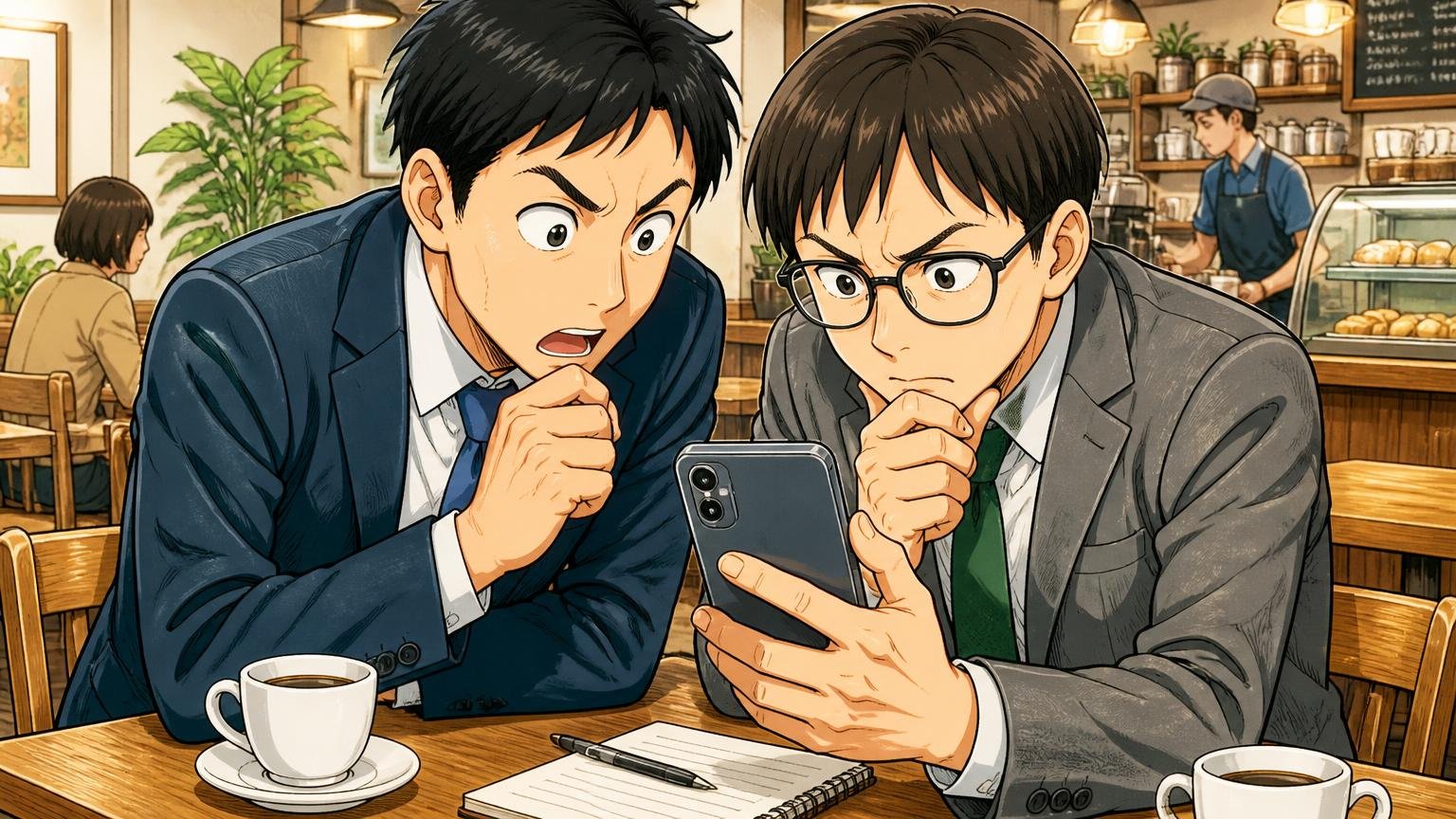 口コミの信頼性は使用年数・用途・難点で見抜ける カフェの席でスマホの口コミを真剣に読み込む会社員2人