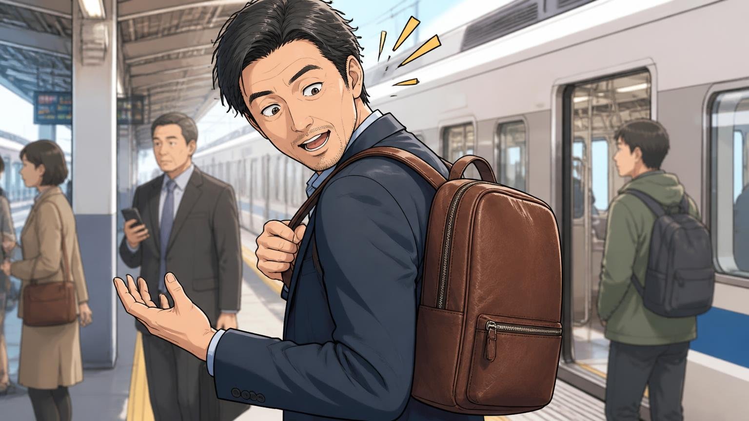 「レザーの割には軽め」毎日背負える重さ、朝の駅のホームで革のリュックを背負った40代男性1人が軽さに驚く場面