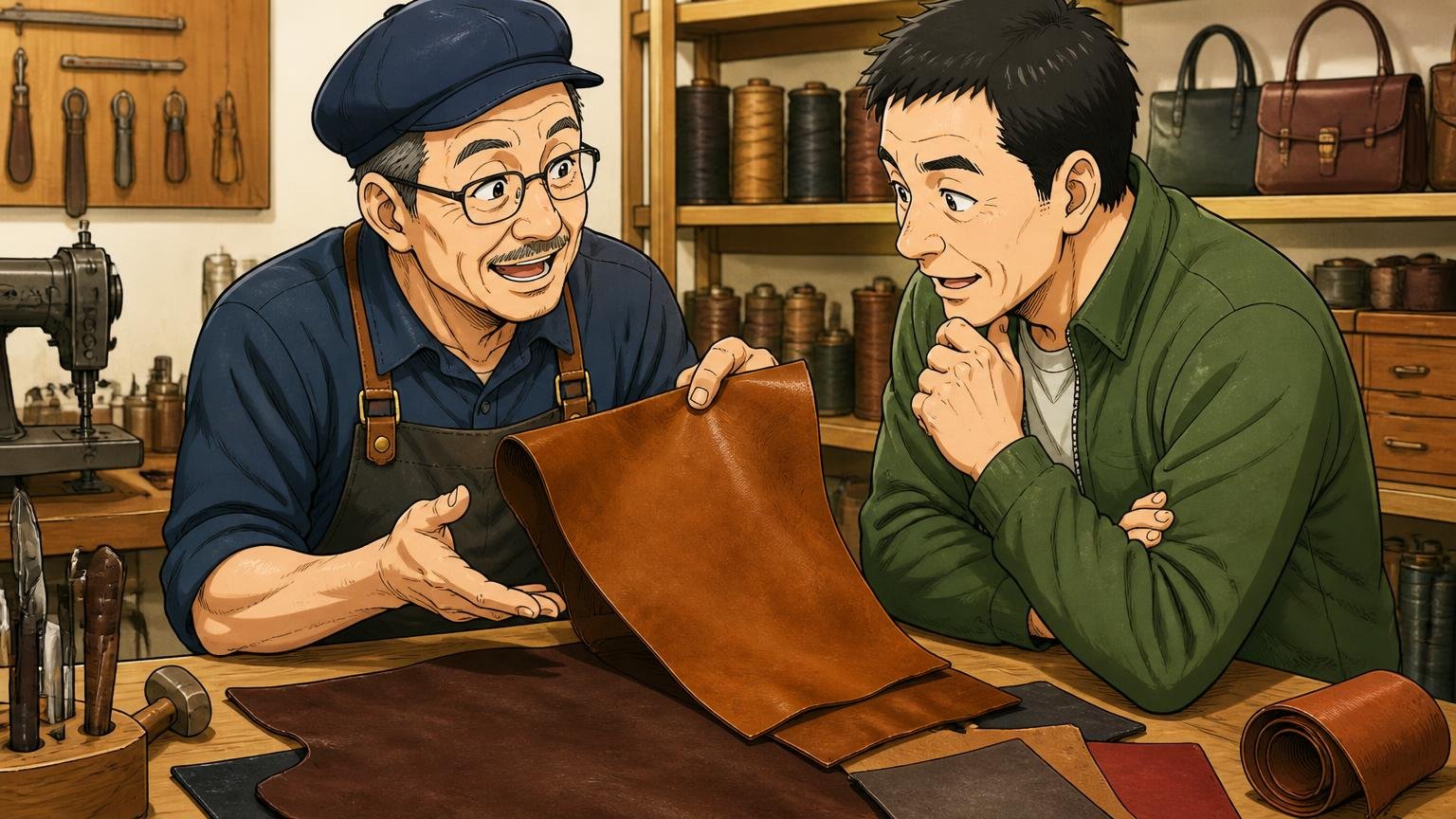 運営は1960年設立のバッグメーカー「キヨモト」　鞄工房の作業台で革を手に取り説明する職人とうなずく客の2人