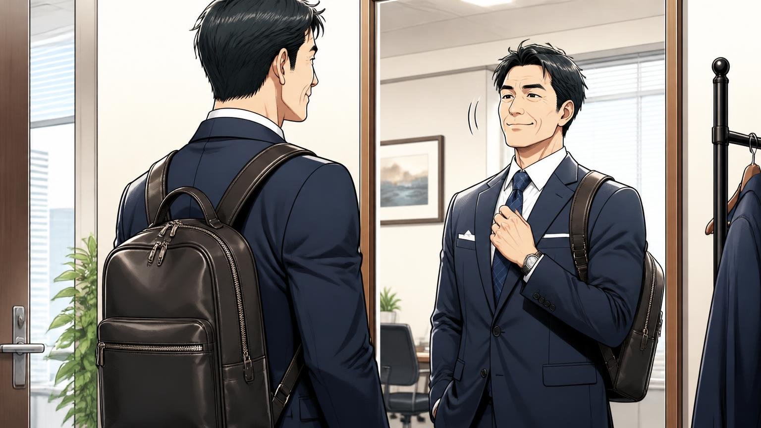 学生っぽく見えない40代にふさわしいきちんと感、オフィスの鏡の前でスーツに革のリュックを合わせる40代男性が満足げにうなずく場面