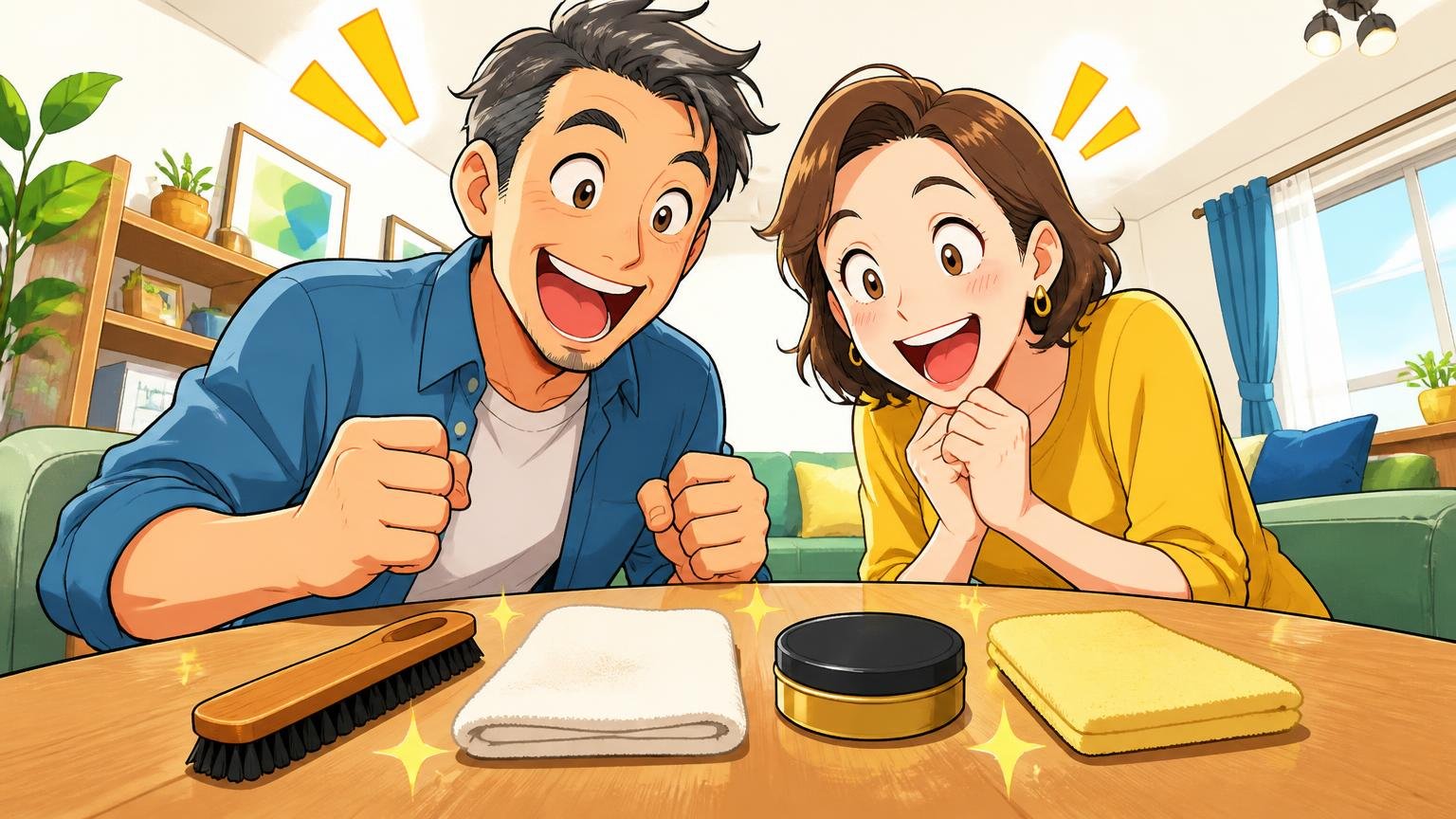 最初にそろえる道具は4つだけ 明るいリビングのテーブルにブラシと布とクリームを並べて目を輝かせる40代男性と妻の2人