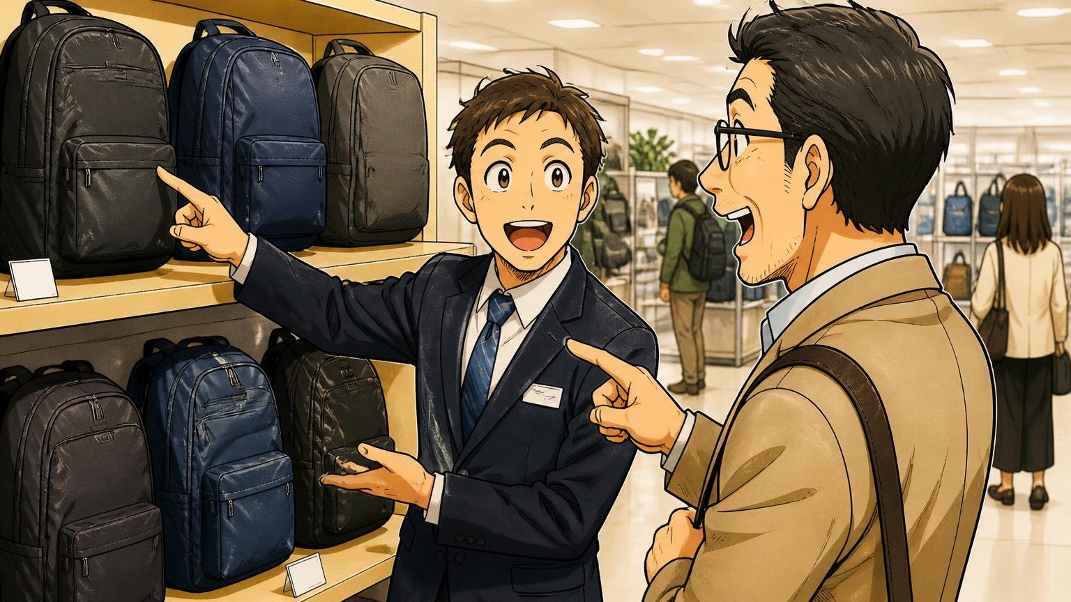 運営はかばんの総合メーカー「エース株式会社」、百貨店のかばん売り場でスタッフと40代男性客の2人が棚のリュックを指さして話す場面