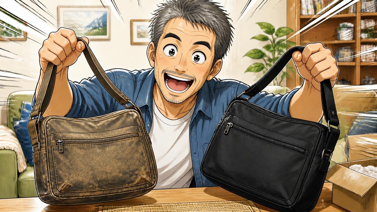 「10年使って同じモデルを買い直した」長期ユーザーが複数いる、自宅で古いショルダーと新品を並べて喜ぶ50代男性の場面