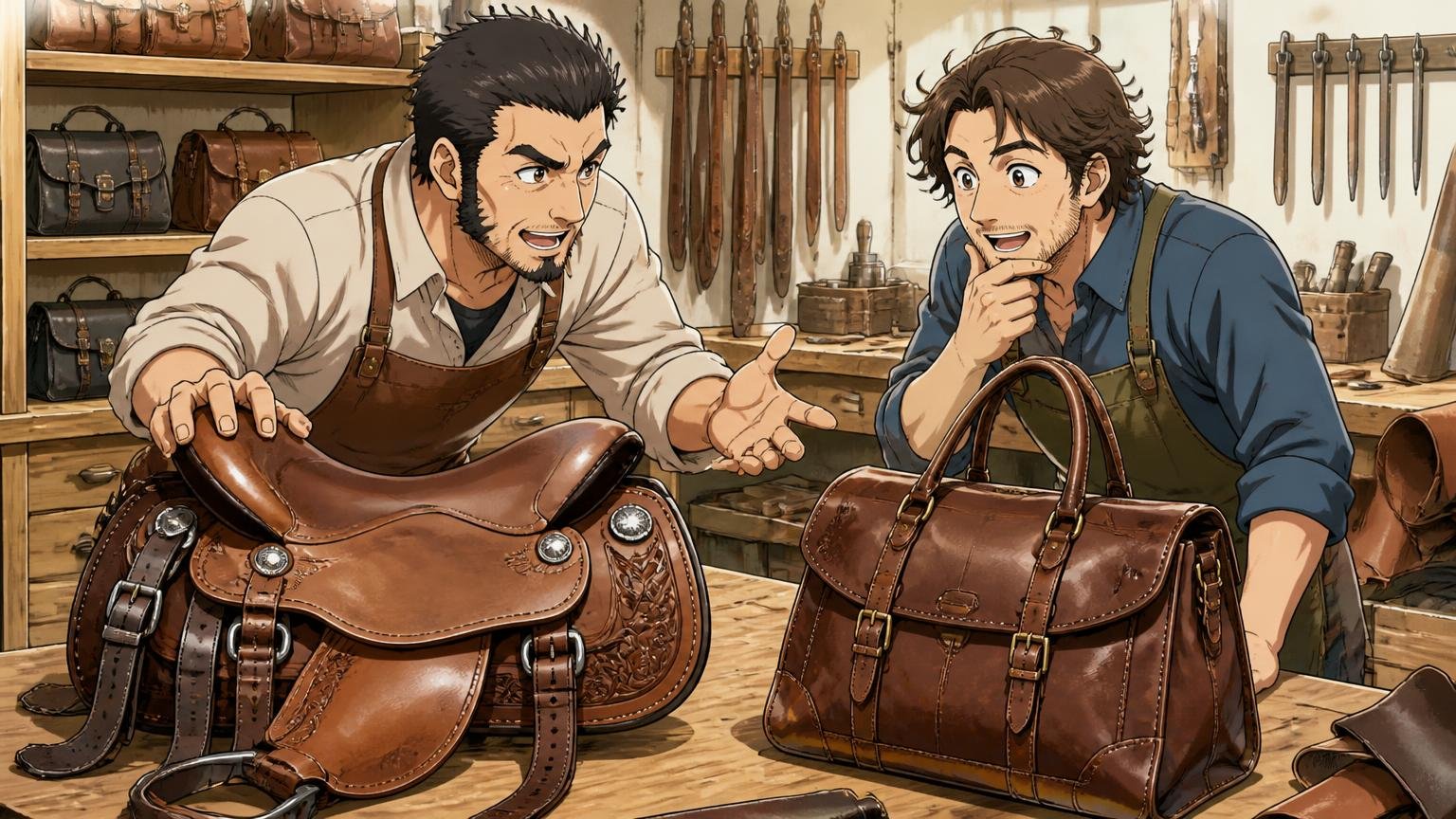 出自の違いは馬具メーカーと鞄職人が興したブランド、革の工房で鞍と鞄を並べて見比べる職人2人