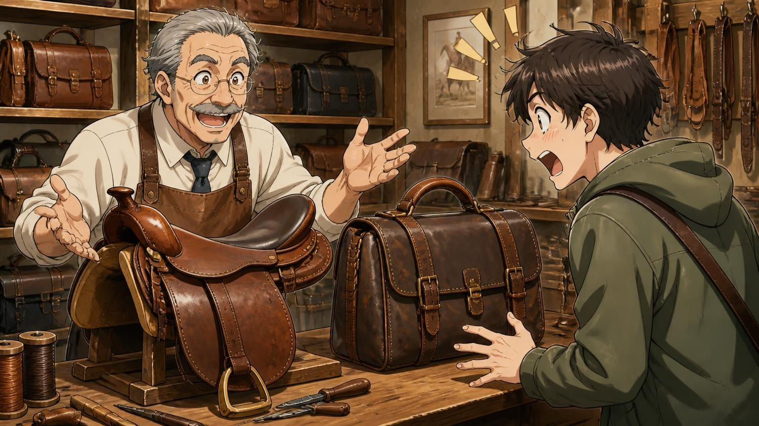 馬具メーカー由来のクラシックで実直なデザイン 革の工房で職人が馬の鞍と革のバッグを並べて若い客に見せ驚かれる場面