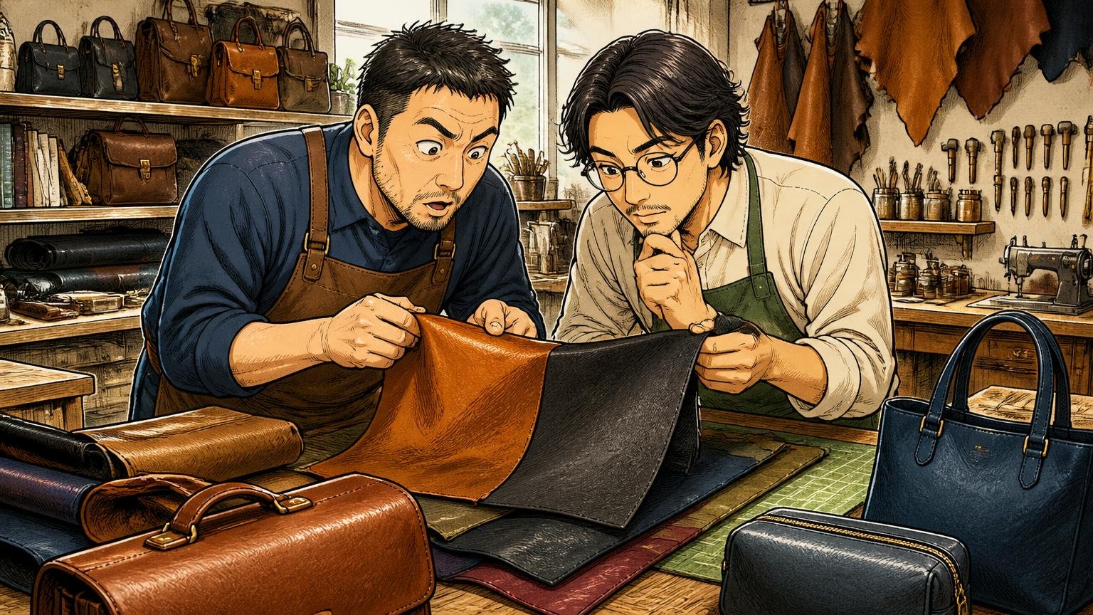 アニアリはどんなブランド?運営会社・名前の由来・日本製のものづくり。革工房で職人2人が革の色を確かめる場面