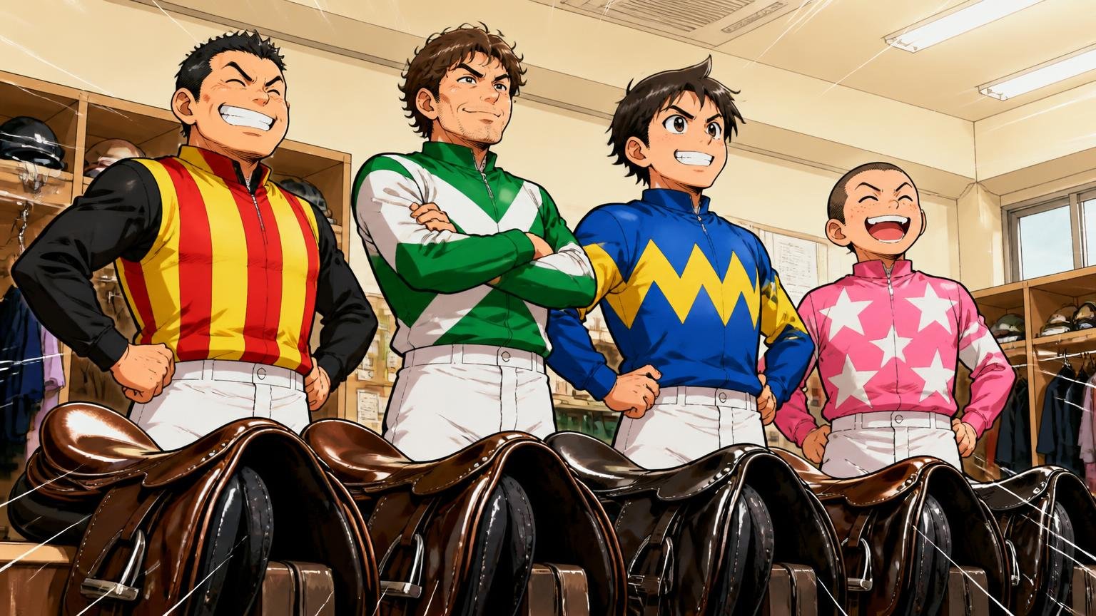 国内競馬の騎手の約8割が使う鞍のメーカー 競馬場の騎手控室で、騎手4人がずらりと並んだ鞍を前に、誇らしげに胸を張る場面