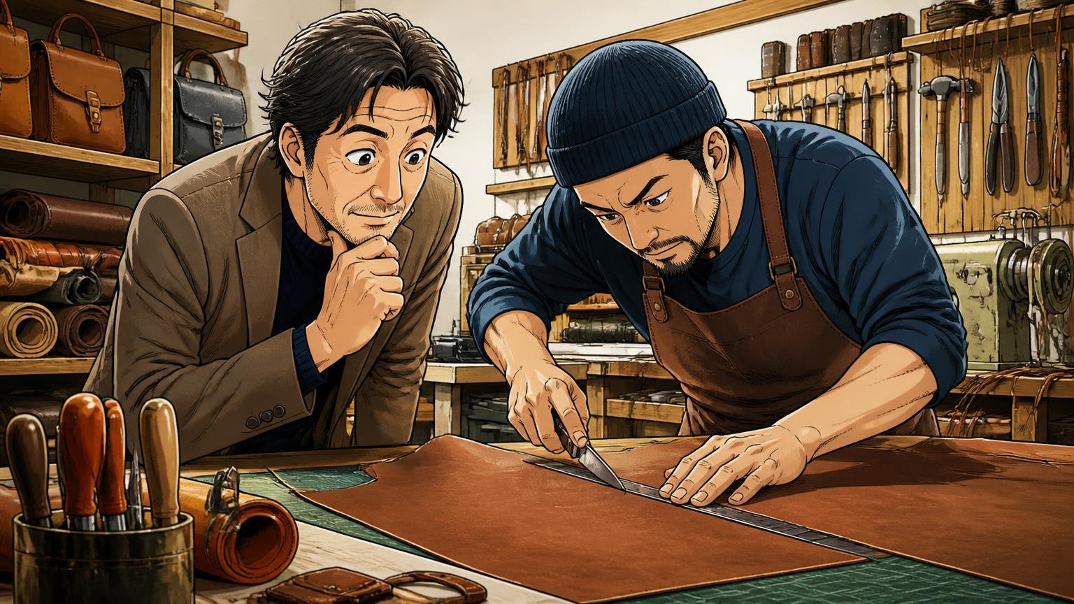 ブランド名は「理想と現実」|日本の会社がつくる日本製の革バッグ 革製品の工房で職人が革を裁断する手元を見守る40代男性客と職人の2人の場面