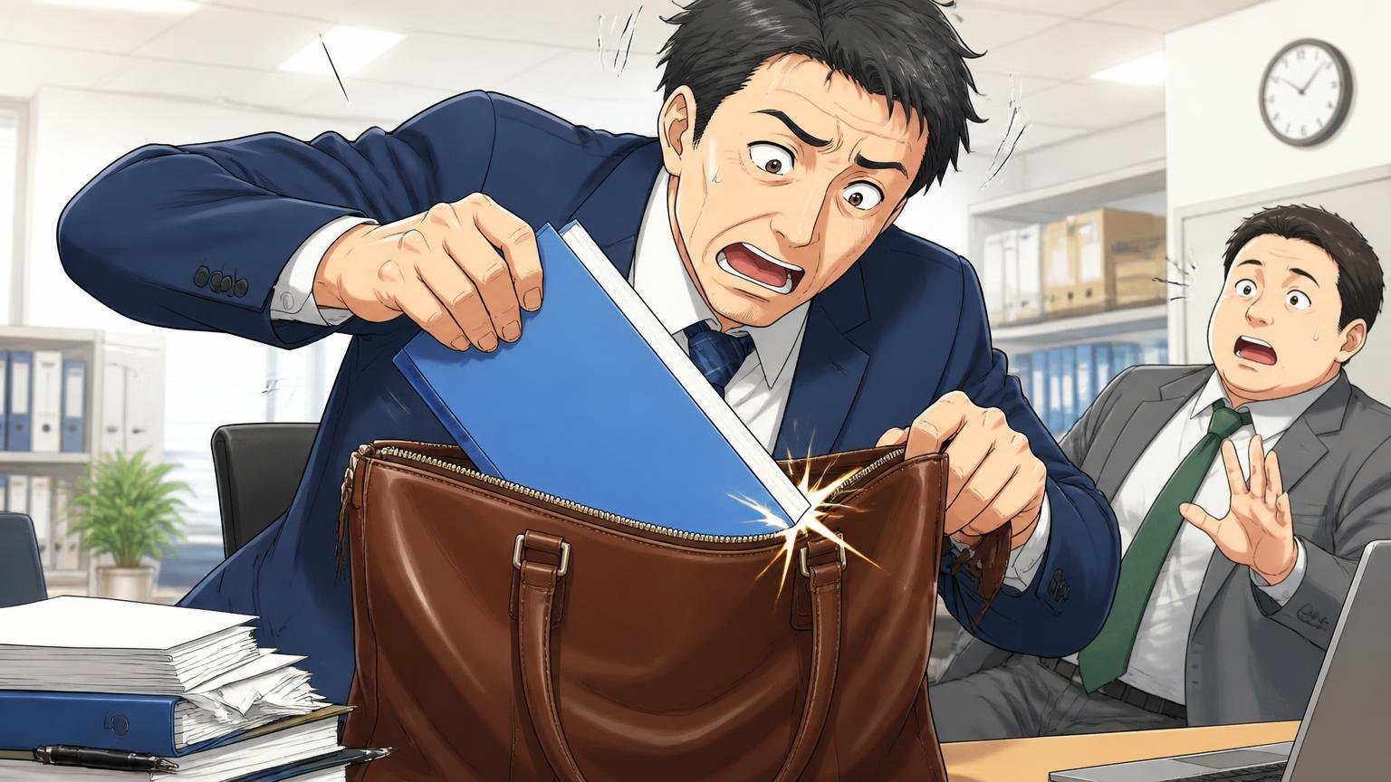 「A4対応」の文字だけ信じて、外寸と内寸の差に泣く　オフィスのデスクで革トートにA4ファイルを入れようとして角がひっかかり、慌てる40代男性1人と同僚1人