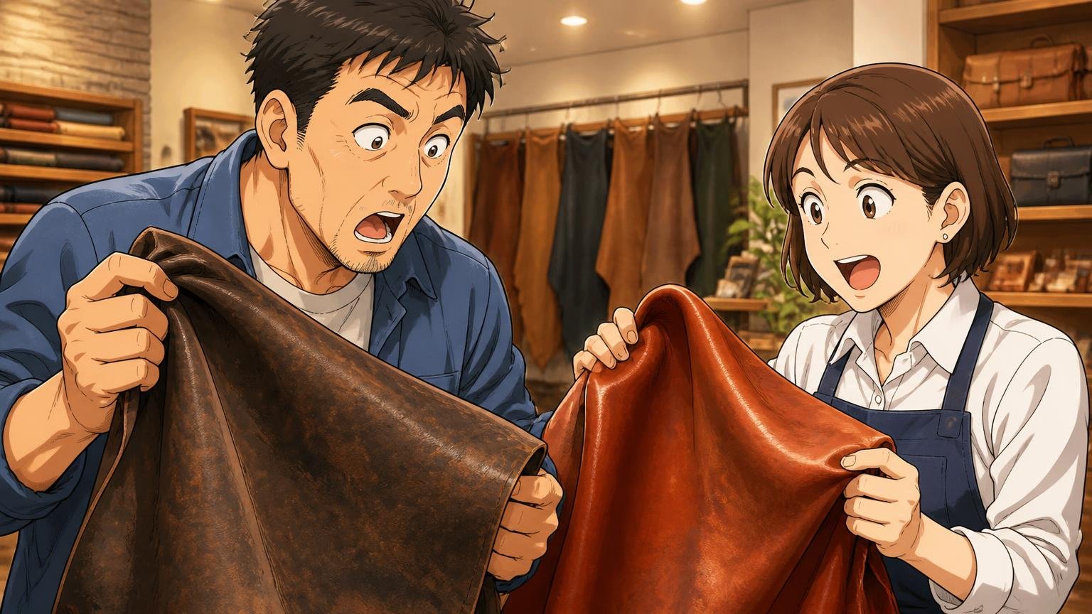 革の性格｜渋く育つワキシングレザーか、しなやかで色豊かなアンティークレザーか、ショールームで2色の革を手に取り質感を確かめて驚く40代男性と女性店員の2人