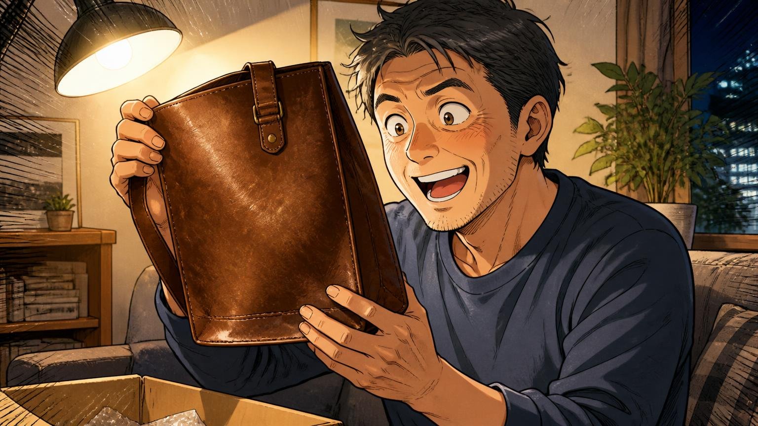 代表素材はワキシングレザー 夜のリビングで届いた革バッグのムラを照明にかざして眺める40代男性1人が目を輝かせる場面