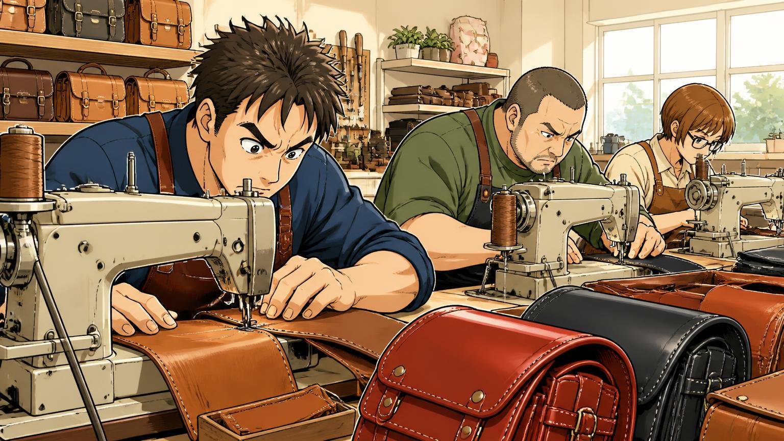 土屋鞄は1965年創業、ランドセルから始まった自社工房のブランド、明るい革工房でミシンを踏む職人3人が集中する場面