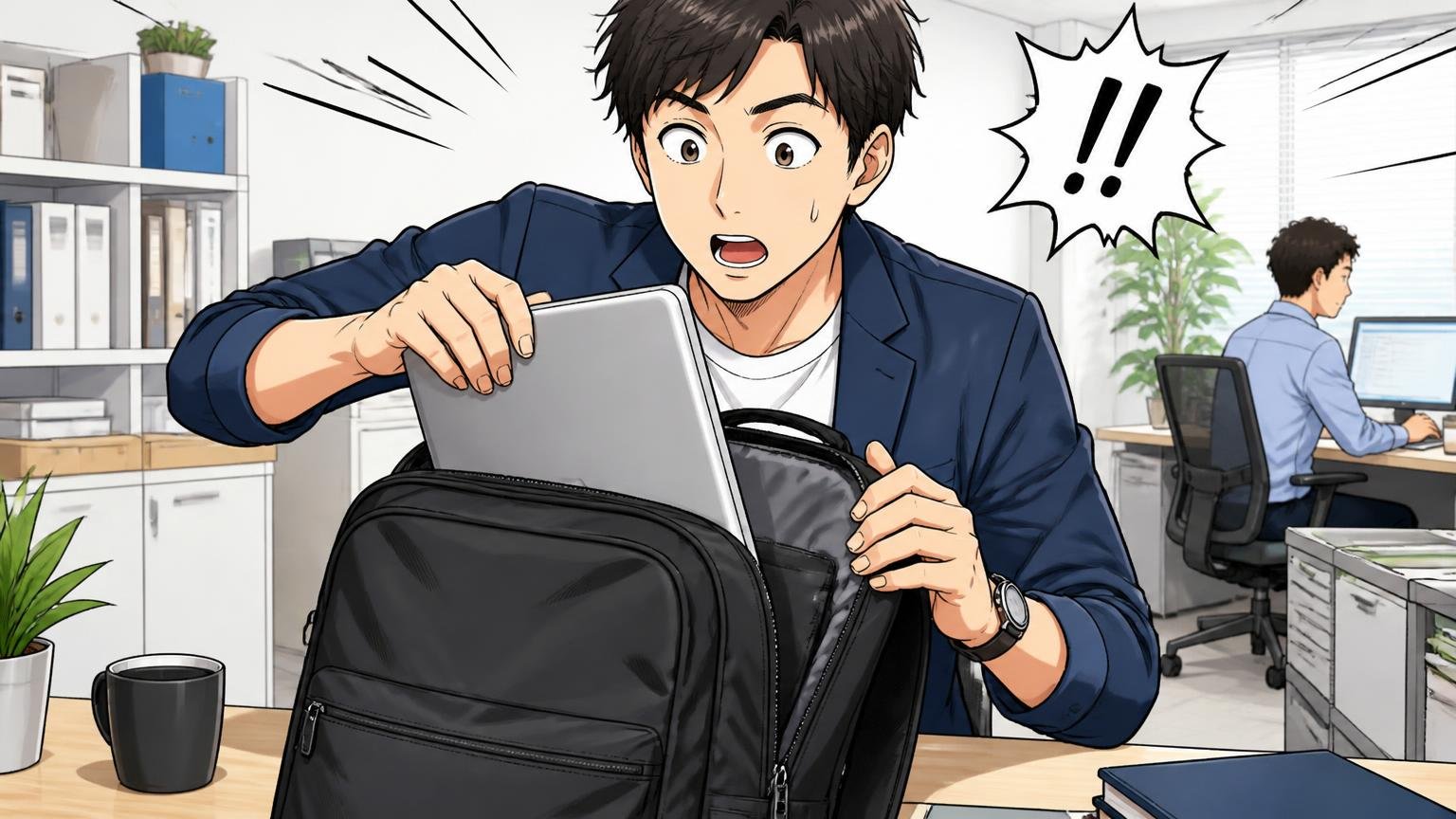 主役はナイロンなどの機能素材。軽さとPC収納が強み、オフィスのデスクでノートパソコンをリュックにしまう30代男性が軽さに驚く場面