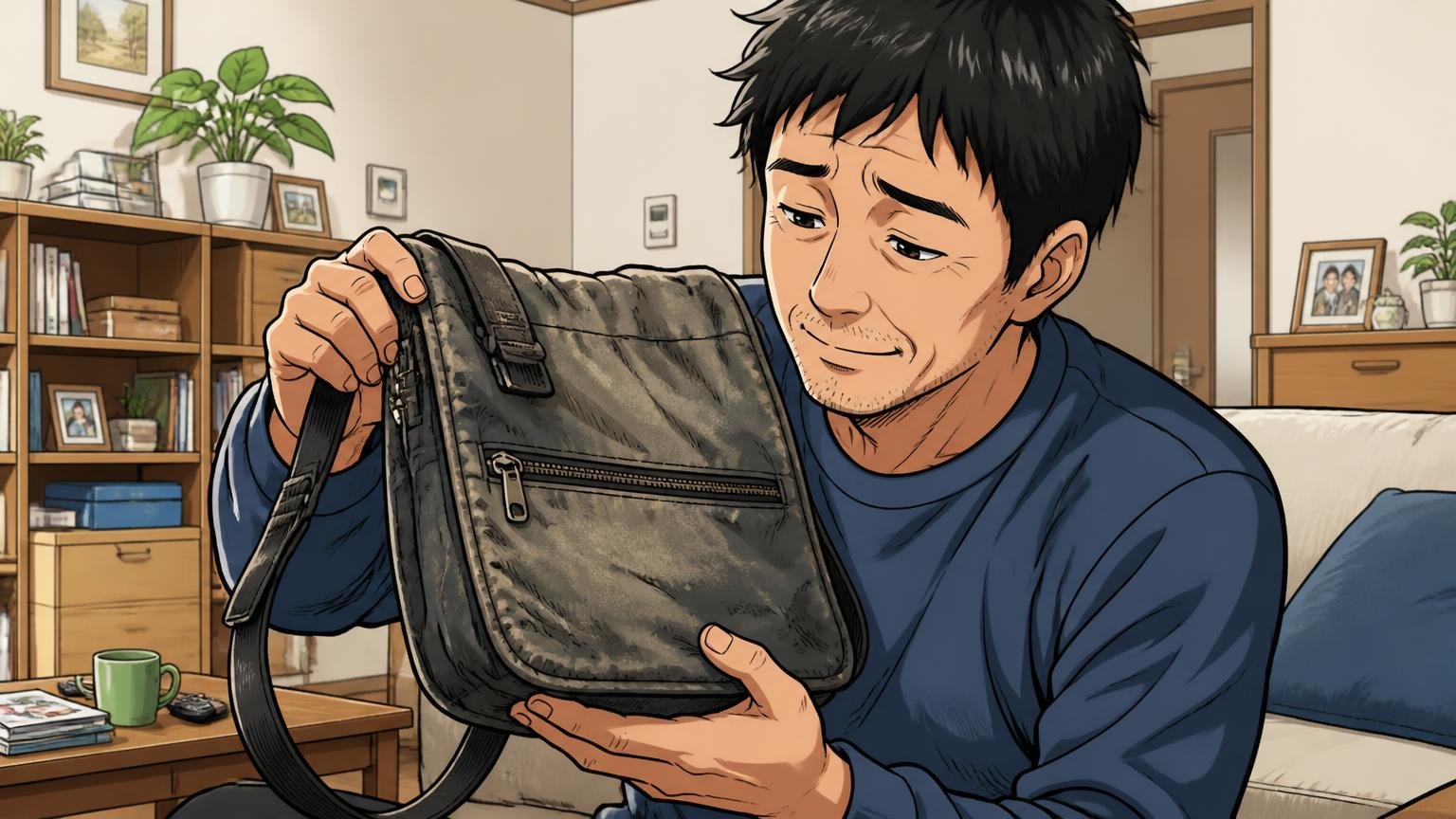 「10年使っても現役」丈夫すぎるから、くたびれても使い続けてしまう 自宅のリビングで色あせたナイロンのショルダーバッグを手に取り懐かしそうに眺める40代男性1人