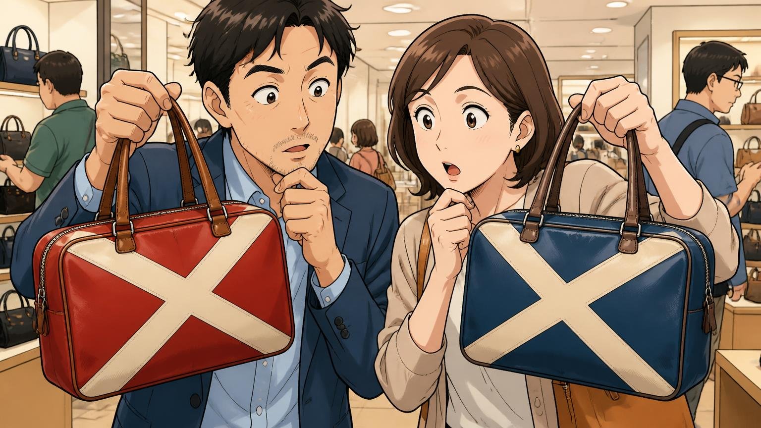 赤バッテン（ライナー）と青バッテン（ニューライナー）の違い 百貨店の鞄売り場で赤と青のバッテン柄のバッグを見比べる40代夫婦の2人