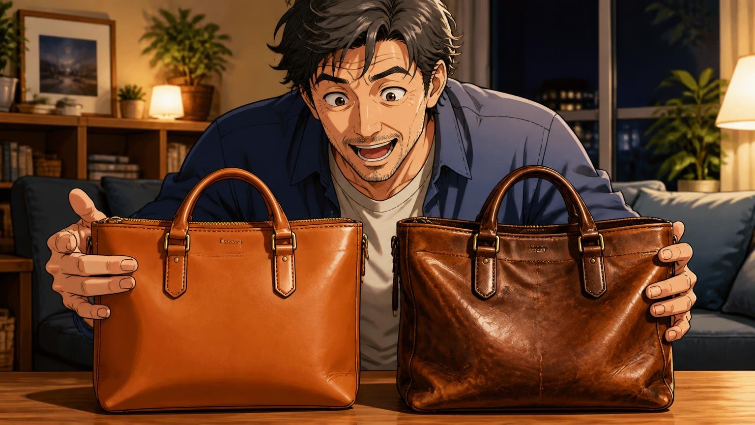馬革とヌメ革、使うほど艶が出る育てる革、夜のリビングで新品と使い込んだ革バッグを並べて見比べる40代男性が感心する場面