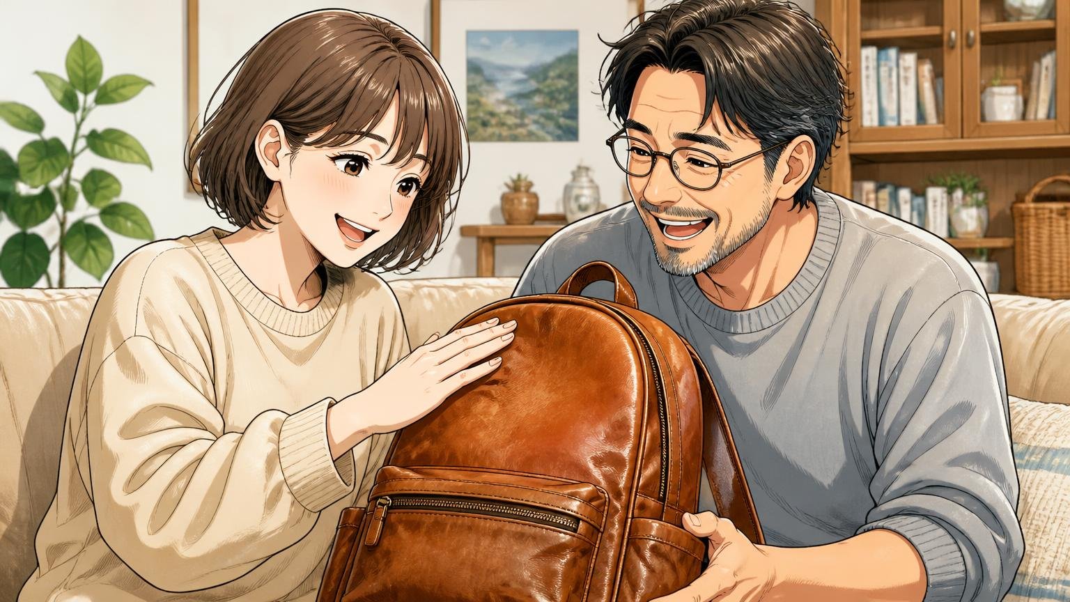 くったり馴染むやわらかい革と、丸みのあるユニセックスなデザイン 自宅のソファで使い込んだ革のバックパックをなでる30代女性と40代男性が笑顔になる場面