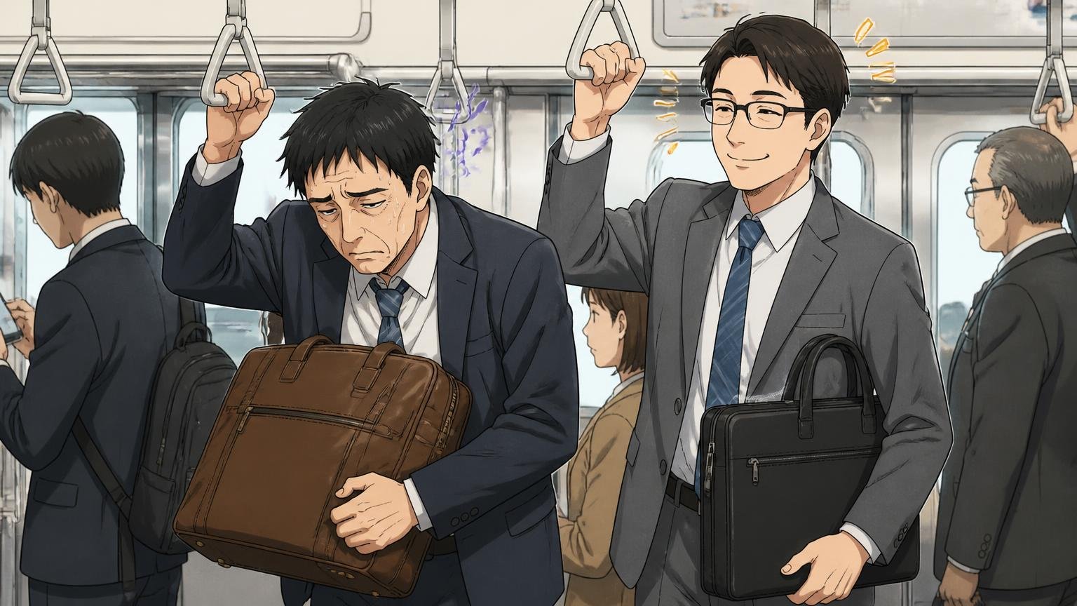 重さの違い：同じビジネスバッグでも約900gの差。朝の通勤電車でつり革を握り、重い革のバッグに肩を落とす40代男性と軽そうな同僚の2人