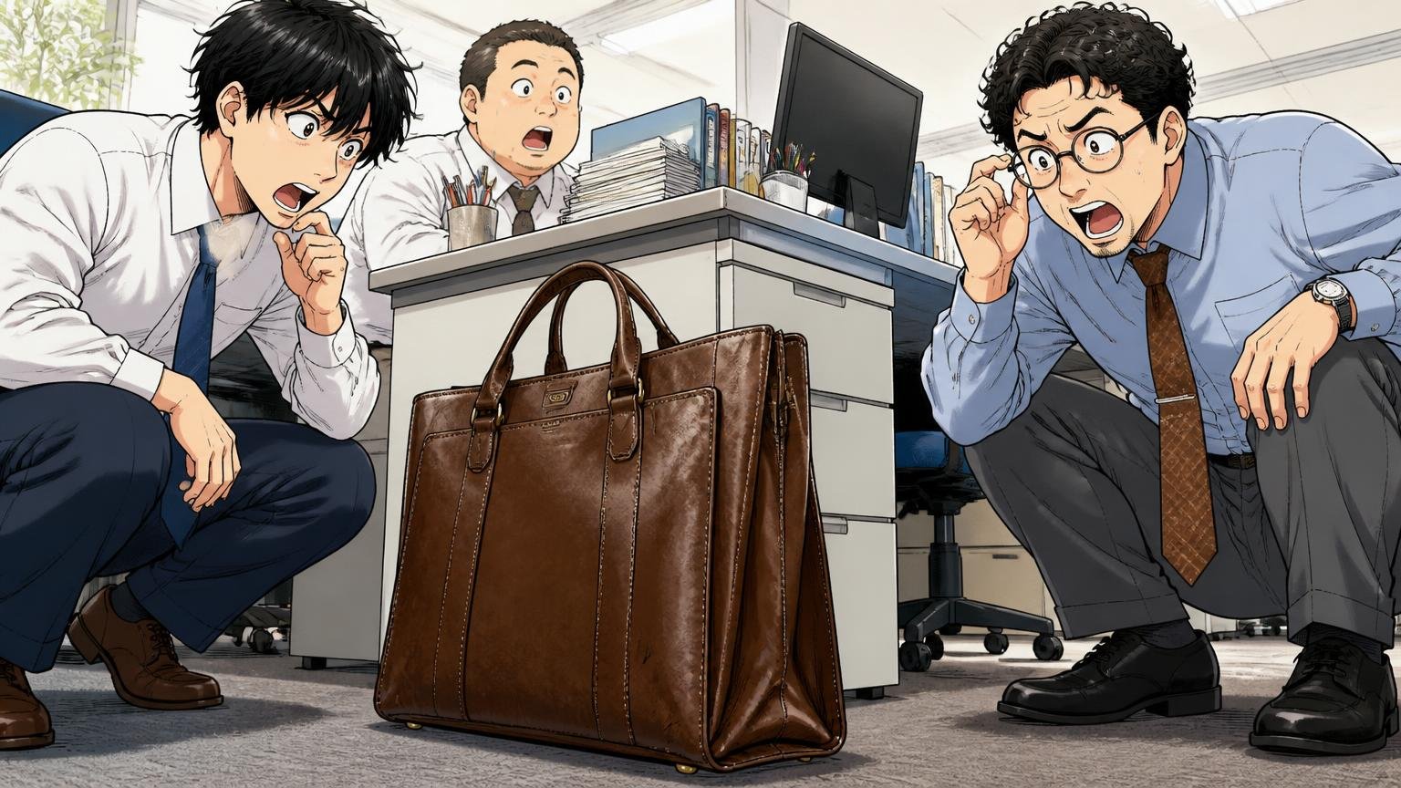 8年使っても形が崩れない｜重厚な作りと「はかま」の仕立て。オフィスのデスク脇で自立する革トートを同僚2人が感心して眺める場面