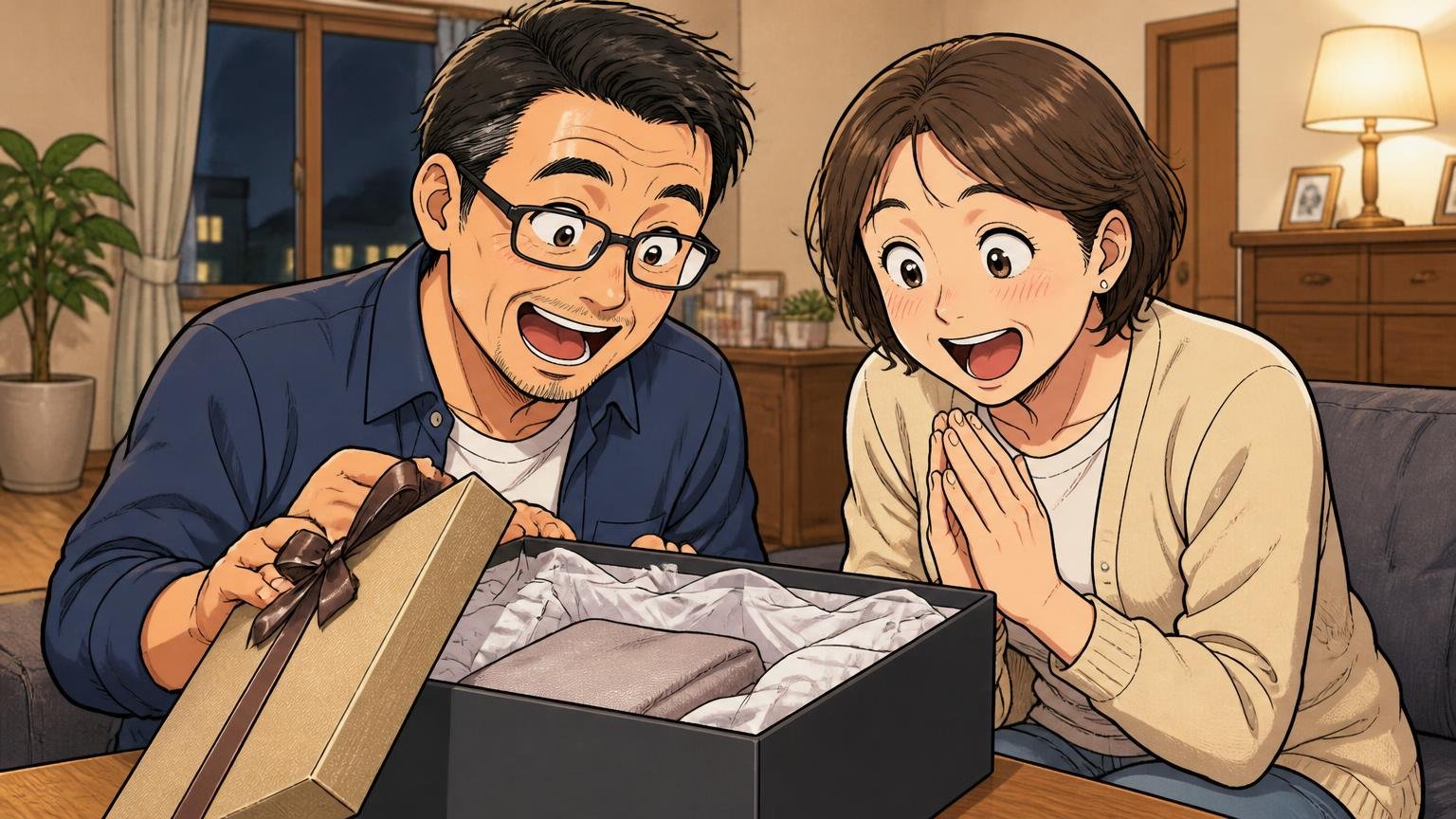 プレゼントで「すごく喜んでもらえた」という声、夜のリビングでギフトの箱を開けて喜ぶ40代夫婦2人