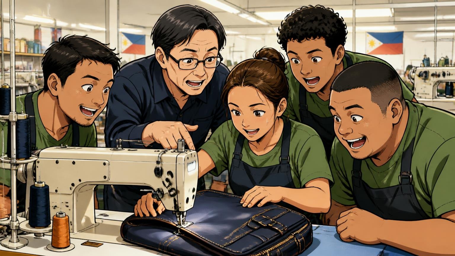 生産はフィリピンの自社工場、「日本製グラブレザー」は素材のこと 縫製工場で日本人の指導者と現地の職人4人がミシンを囲みバッグを縫い上げる場面
