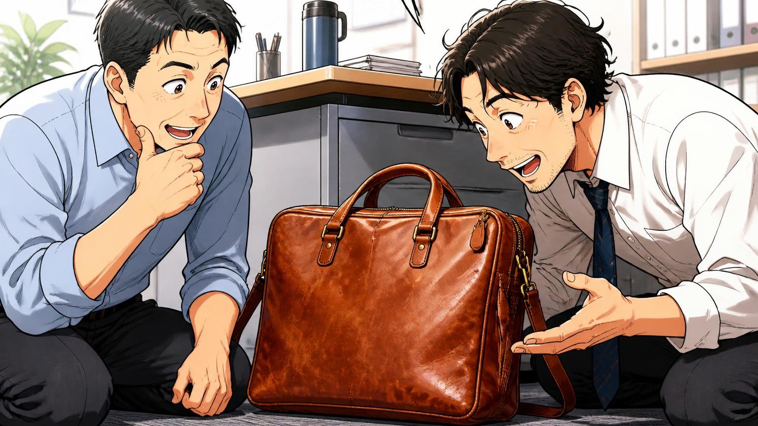8年・10年・13年使った人は「傷んでも野暮ったくならない」で一致する、オフィスのデスク脇で飴色に育った革バッグを眺める男性2人が感心する場面