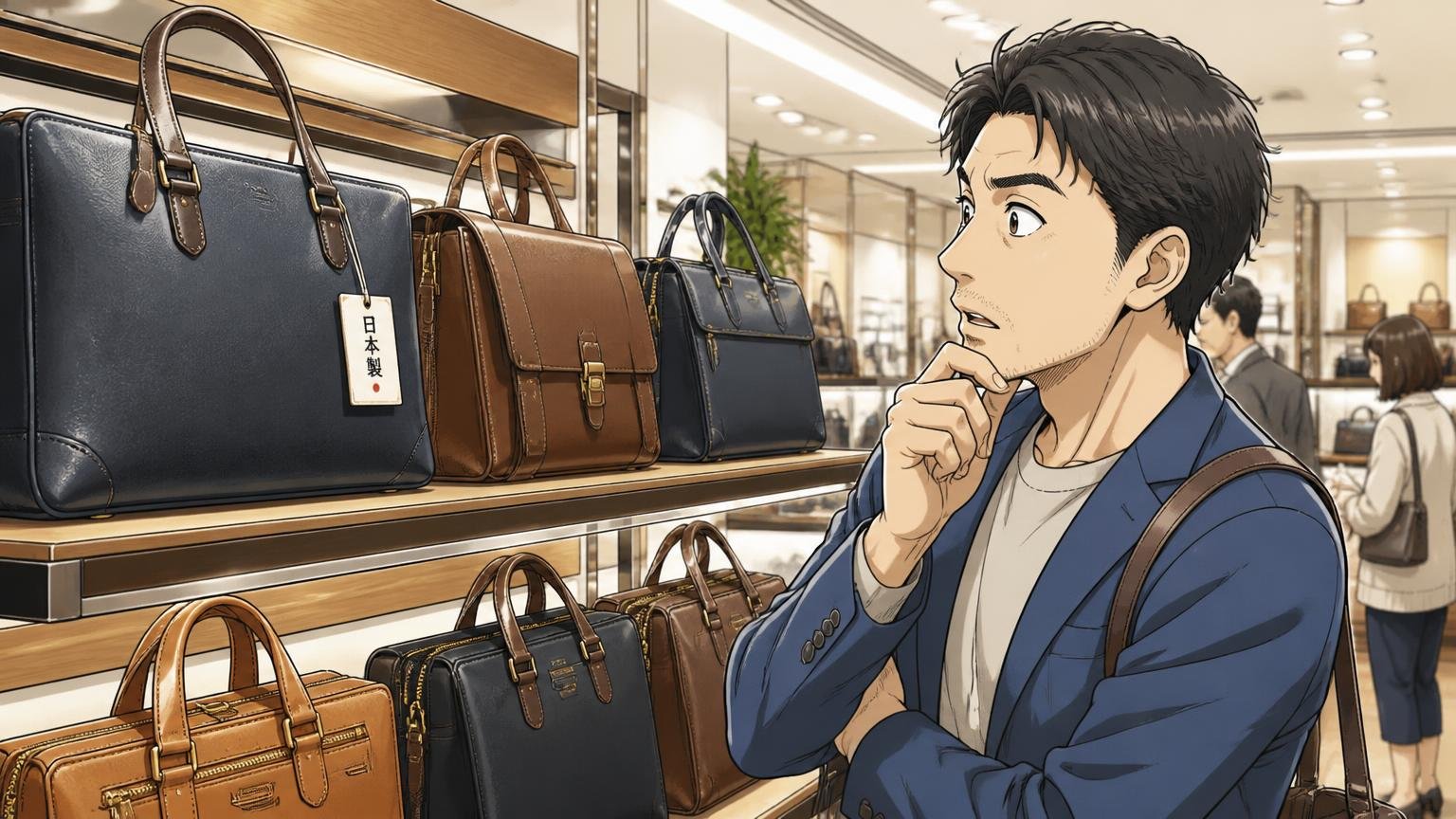 「青木鞄」は6つのブランドの総称、バッグには日本製の表示がある 百貨店の鞄売り場で棚を見比べる40代男性1人 興味深そうな表情