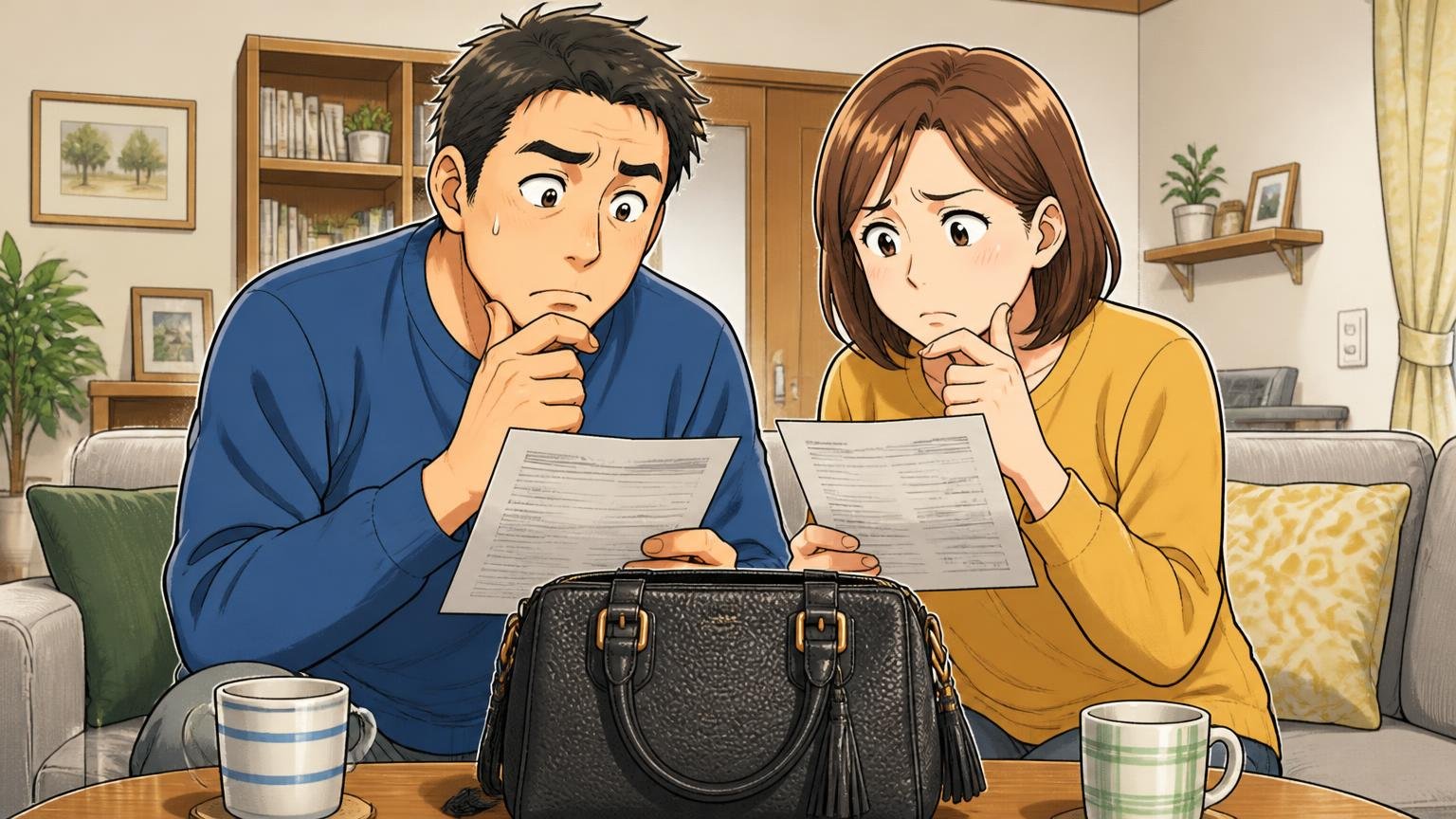 保証は購入日から6か月。「一生モノ」という言葉をどう受け止めるか　自宅のリビングで夫婦がバッグの保証書を読み比べて首をかしげる場面