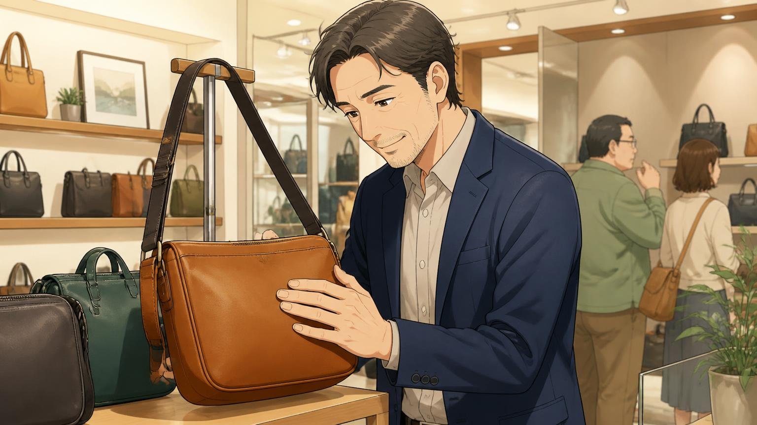 Calmaシリーズ|イタリアでなめした、なめらかな革が魅力 セレクトショップの明るい売り場で、なめらかな革のショルダーバッグをなでる40代男性1人