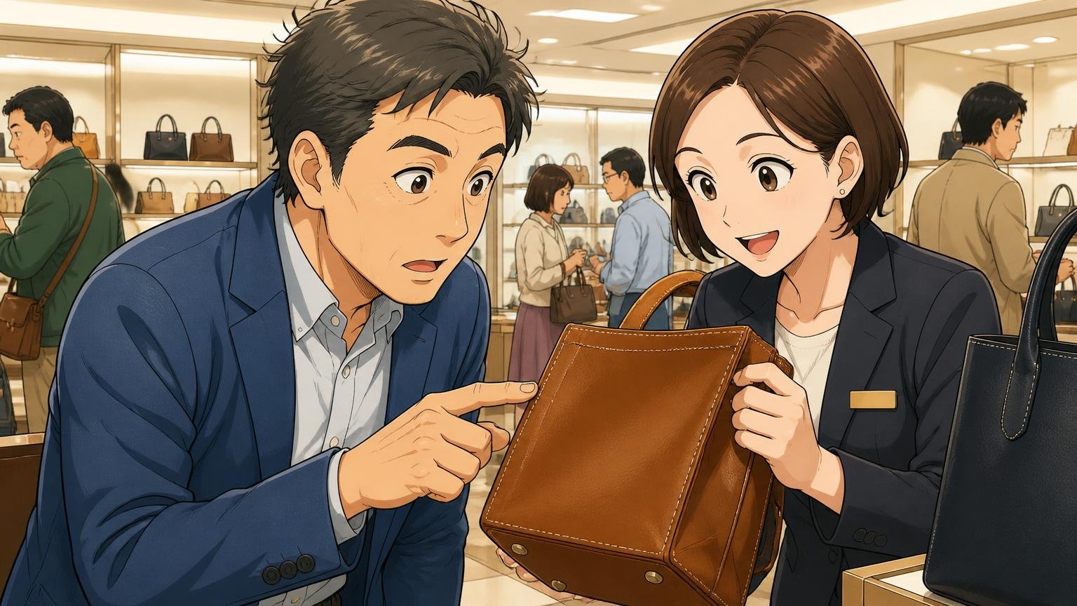 製品はすべて日本の職人が製作、全国約70の取扱店 百貨店の鞄売り場で店員に革バッグの縫い目を見せてもらう40代男性と店員の2人