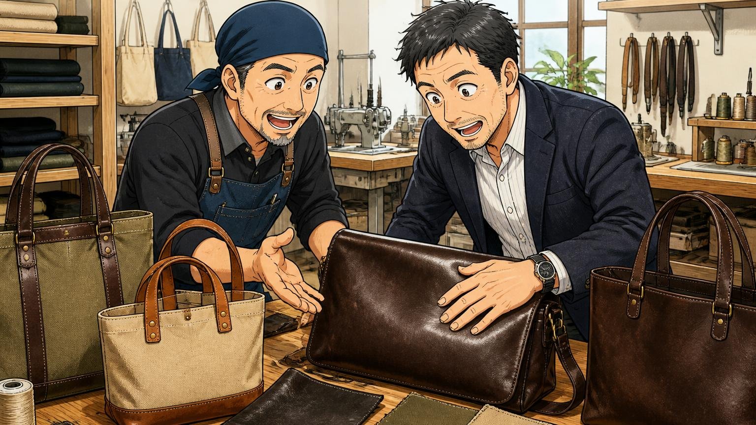 現在の生産はすべて日本製、主力は馬革と帆布 国内の縫製工房で馬革と帆布のバッグを並べる場面 職人1人と40代男性1人が革をなでて感心する